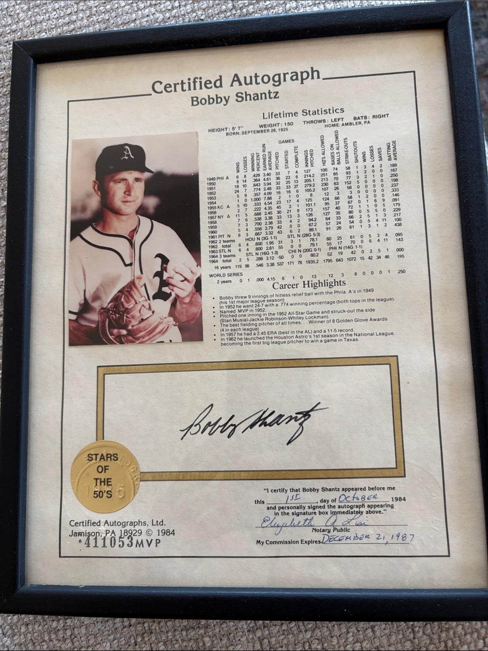 Certified BOBBY SHANTZ AUTOGRAPH